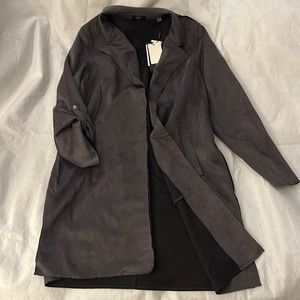 Tahari long jacket in taupe faux suede